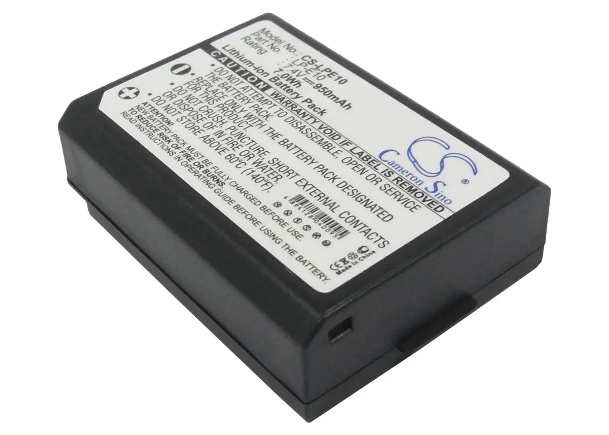 Rectangular lithium-ion camera battery, dark grey finish, branded Cameron Sino LP-E10