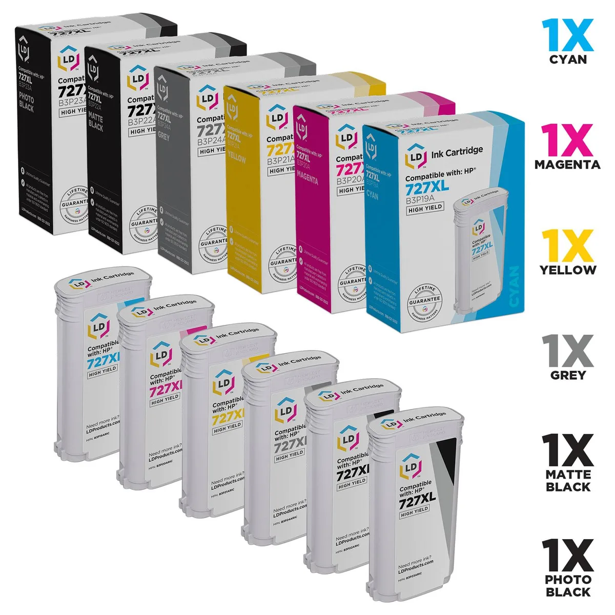 LD Products LD Products HP 727XL 6-Pack Ink Cartridge Set (130ml, 4000 Pages) — product photo