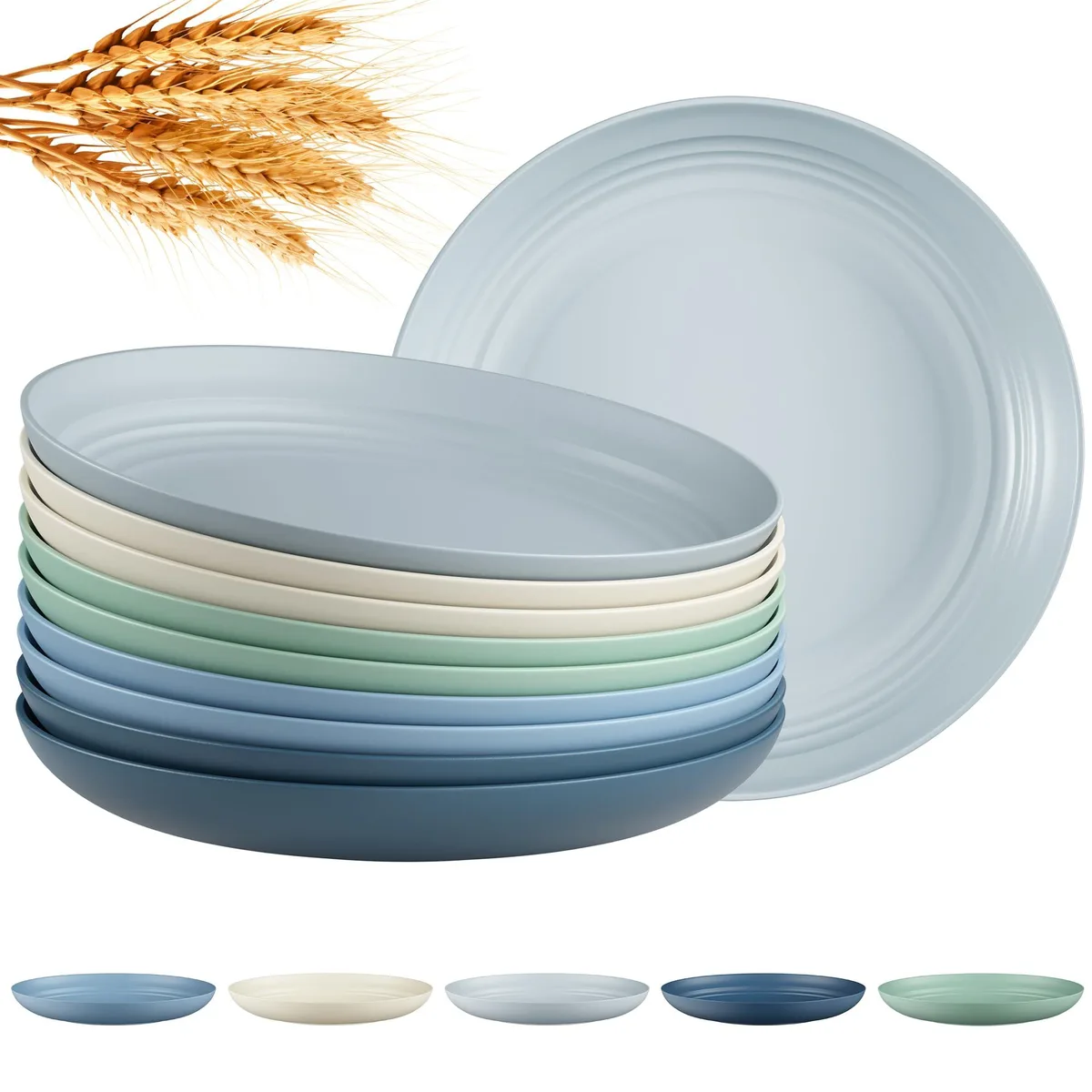 Ten round blue plastic plates with striped rims stacked together
