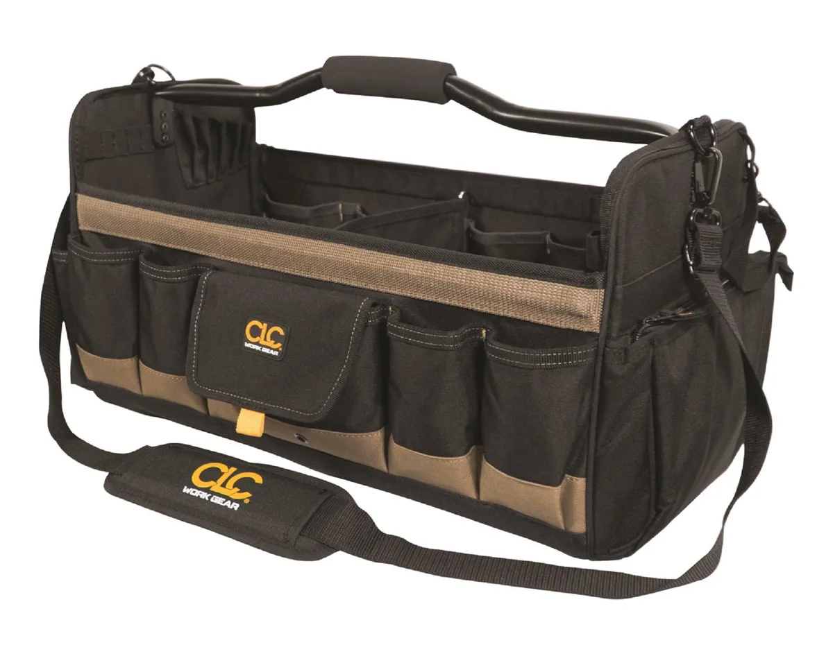 Open-top soft-sided tool box, 20 inches long, fabric body with padded handle and shoulder strap