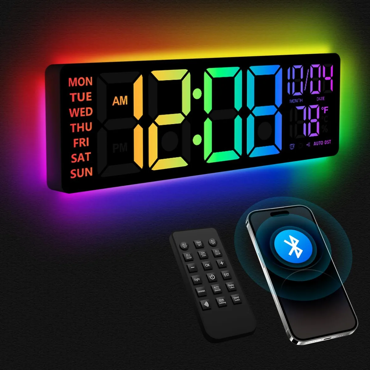 Black rectangular 16 inch RGB LED digital wall clock with remote control