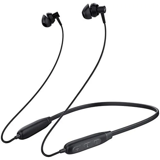 Black neckband with in-ear buds and inline controls