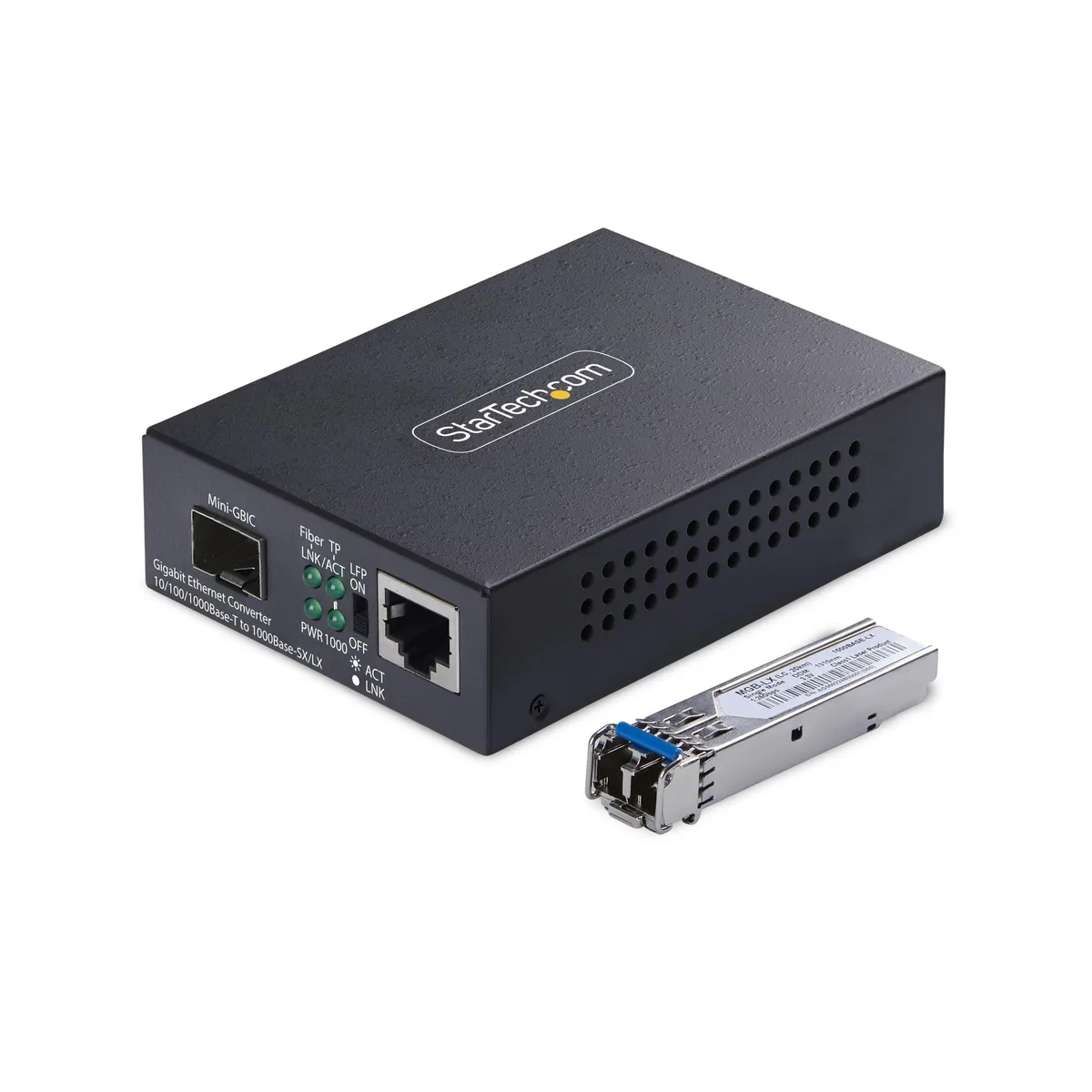 Compact metal media converter with LC and RJ45 ports, LED indicators, DIP switch and power adapter