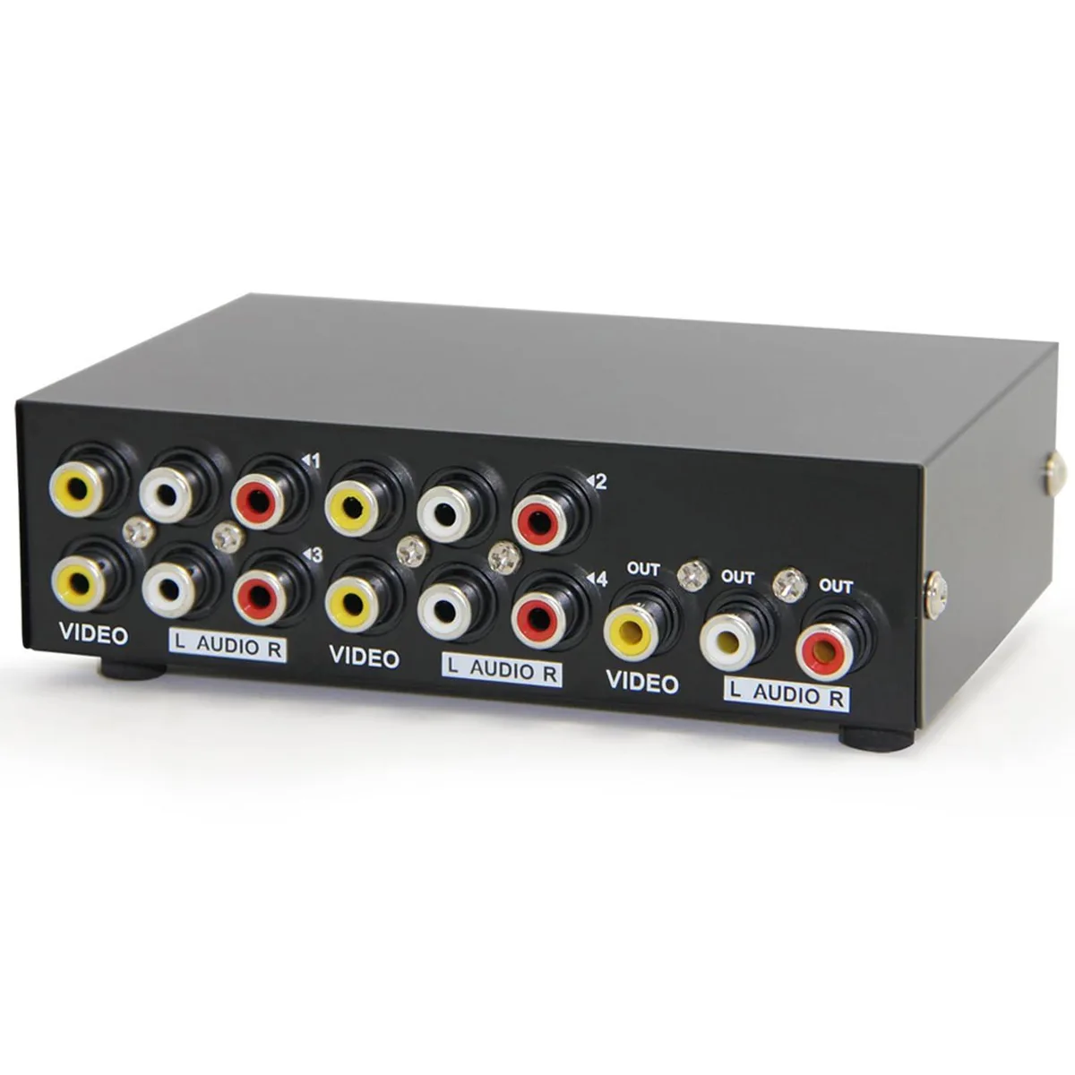 A compact metal box with four rows of yellow, white and red RCA sockets on the front and a single row on the back