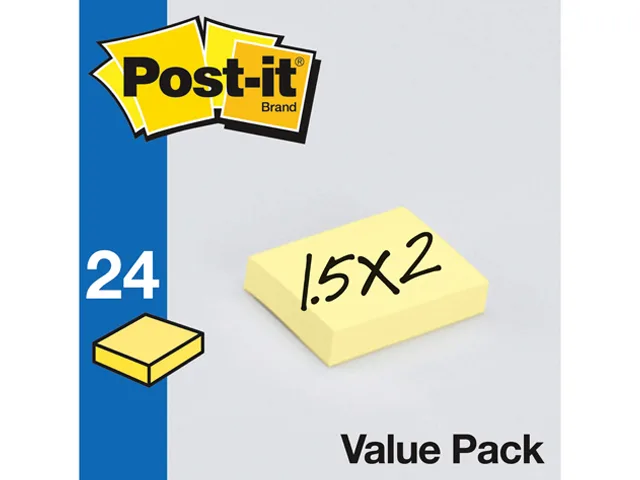3M 3M 653-24VAD-B Sticky Notes 1 1/2" x 2" Canary Yellow 24 Pads 100 Sheets — product photo