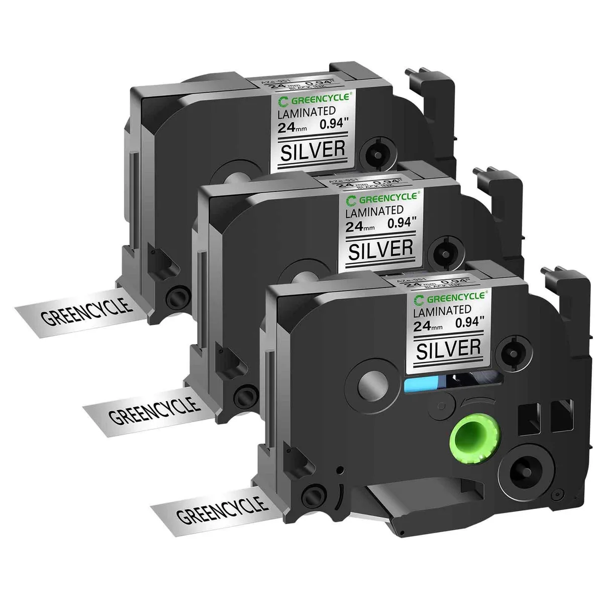 GREENCYCLE GREENCYCLE TZe-951 24mm Black on Silver Laminated Tape 3 Pack — product photo