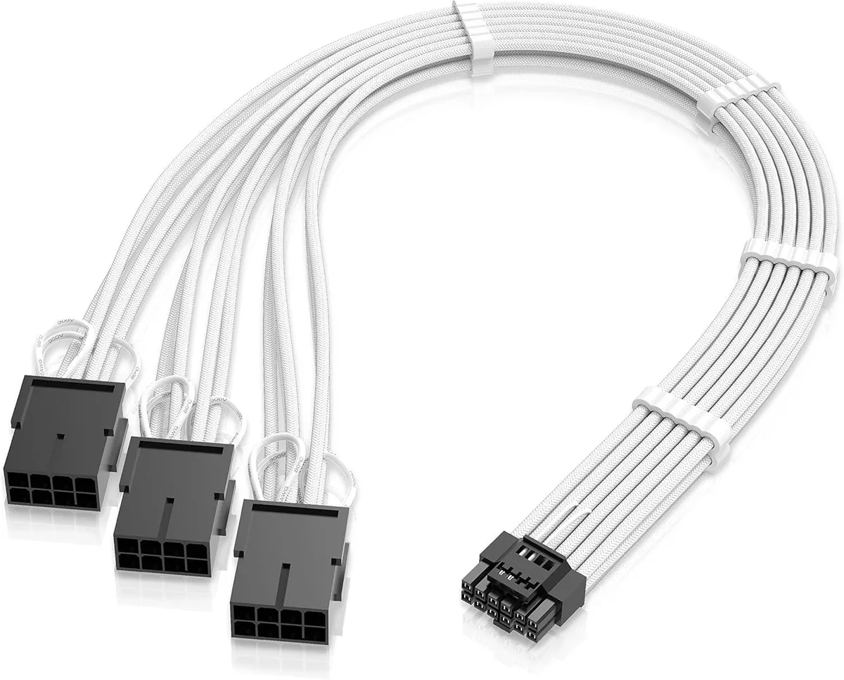 BFKK BFKK GPU Power Sleeved Cable Extension 16pin 12VHPWR PCIe 5.0 Male to 3x PCIe 8 Pin White Black — product photo