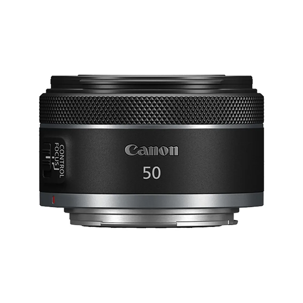 Compact black Canon RF 50mm f/1.8 STM lens with silver mount ring and control ring