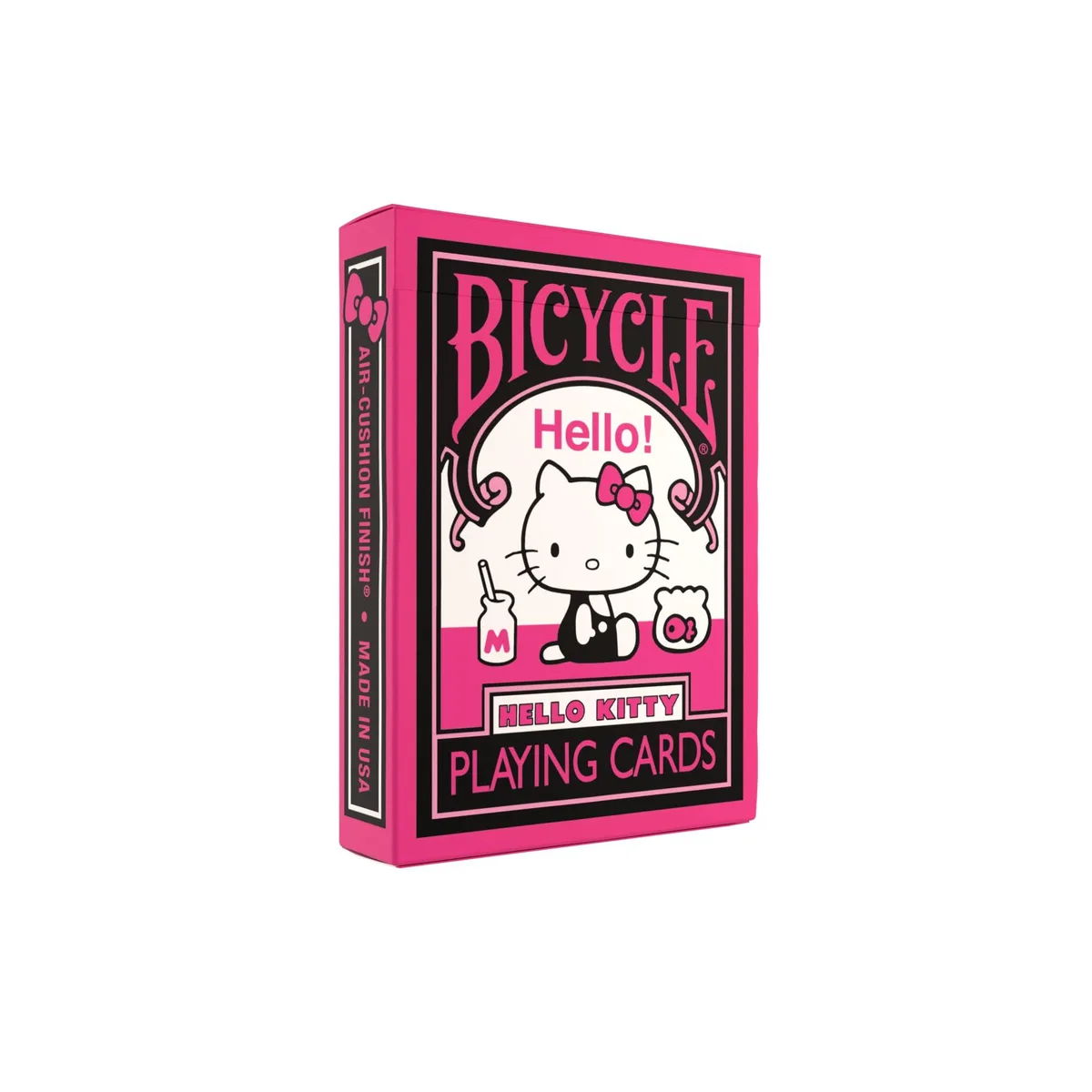 Standard playing card deck with Hello Kitty artwork in black and pink finish
