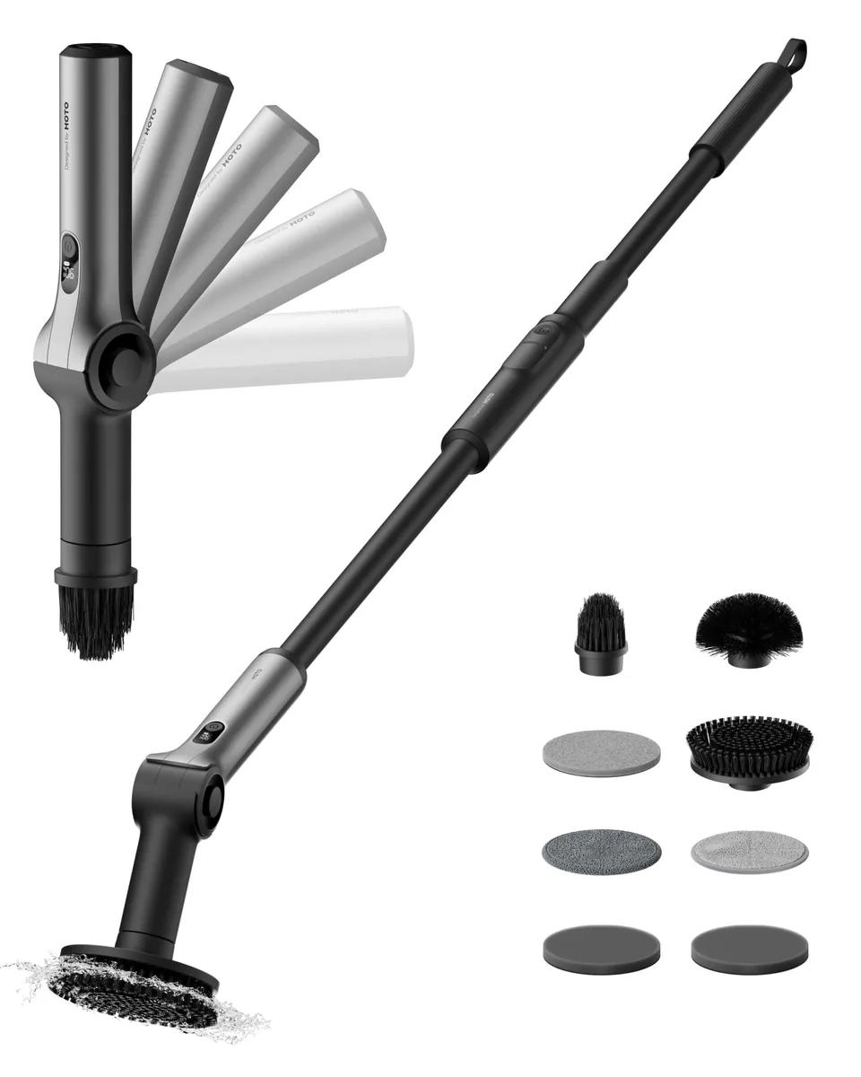 White cordless spin scrubber with extendable handle, smart display and multiple brush heads