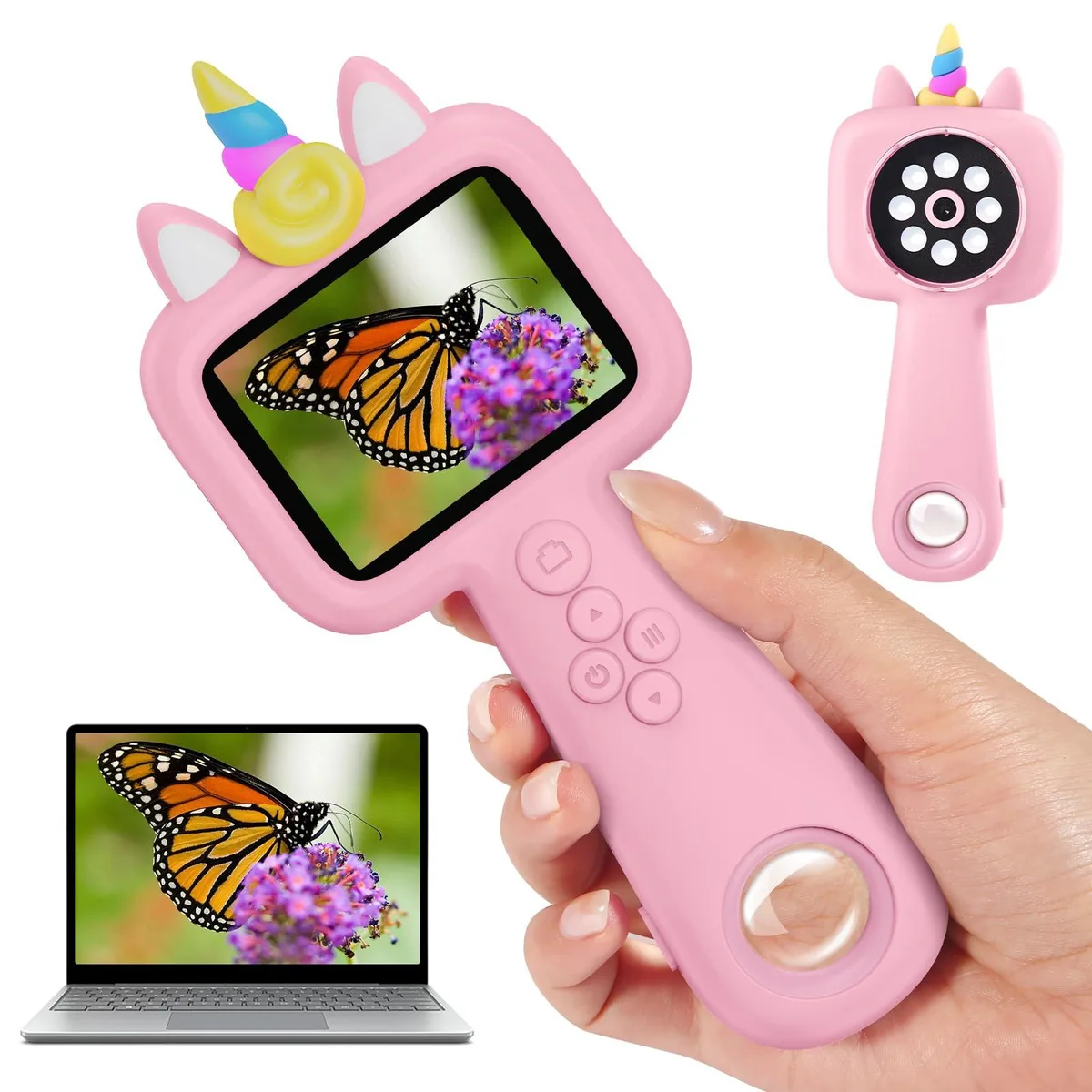 Twelve pink plastic handheld digital microscopes with 2.4 inch screens