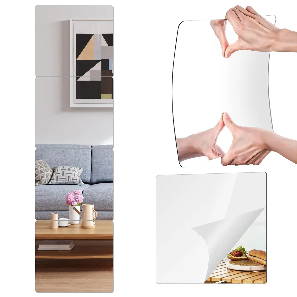 Four square frameless acrylic mirror tiles silver polished finish