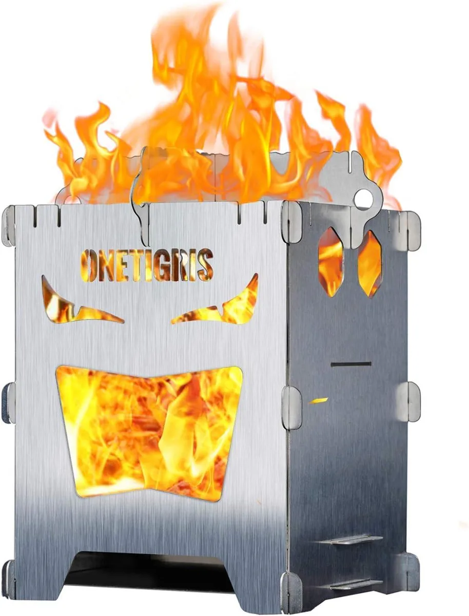 Foldable stainless steel camping stove, medium size, brushed silver finish, shown assembled with side air vents and top pot supports