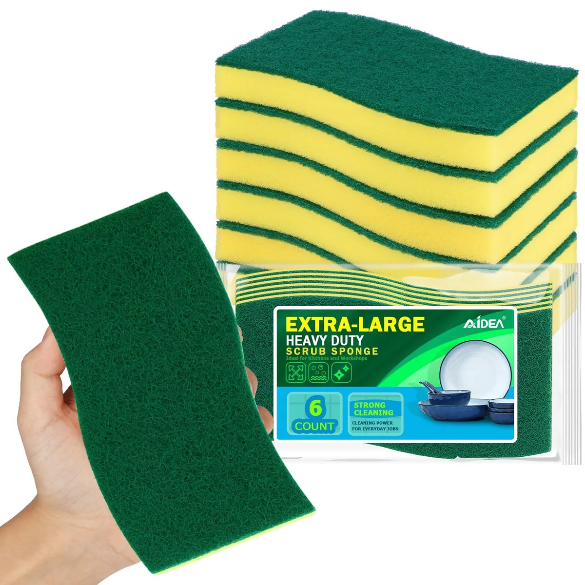Six extra-large yellow sponges with green scrubbing sides, stacked together