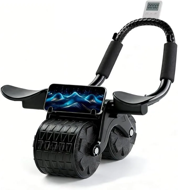 Black dual-wheel ab roller with elbow support, automatic rebound spring, silent multi-layer wheels