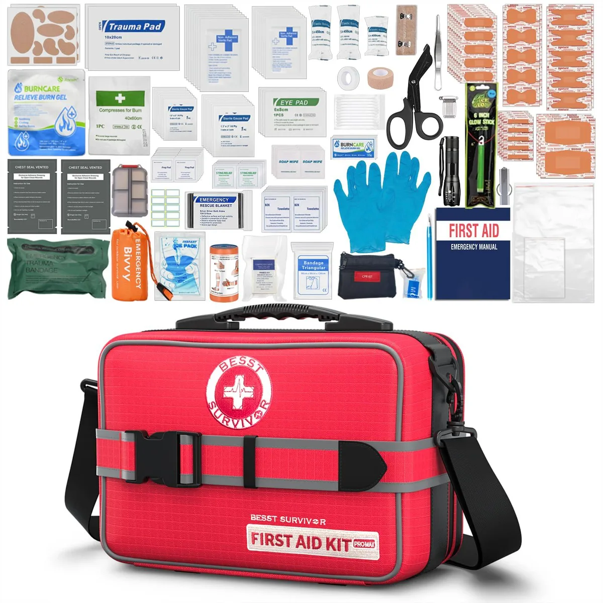 Black rectangular first-aid case with labeled compartments and carry handle