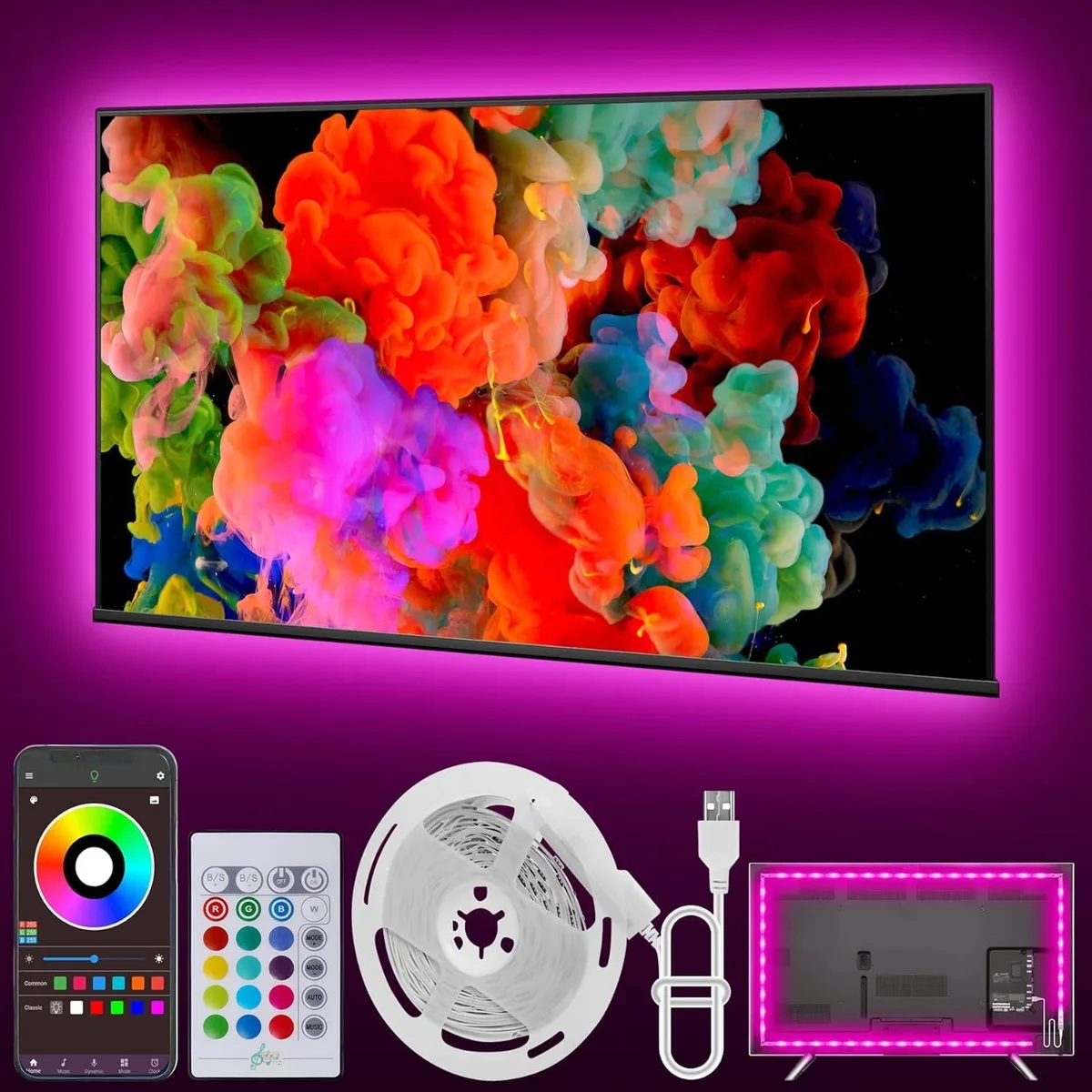 A 16.4ft white acrylic LED strip light kit with USB power cord and remote control