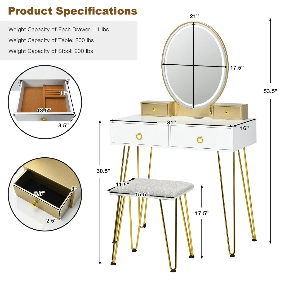 White vanity table with lighted mirror, stool and four drawers