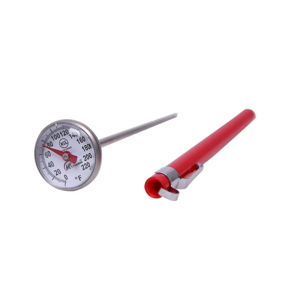 Silver 1-inch dial thermometer with 6.7-inch probe and plastic sleeve