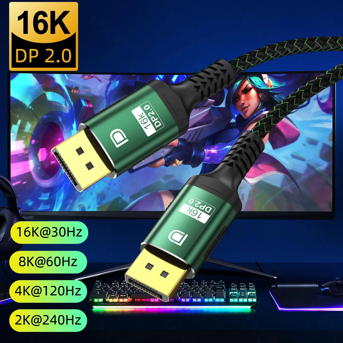 WRIARICH WRIARICH TJ-A285 DisplayPort 2.0 cable 3.3 ft green 80 Gbps 16K@60Hz — product photo