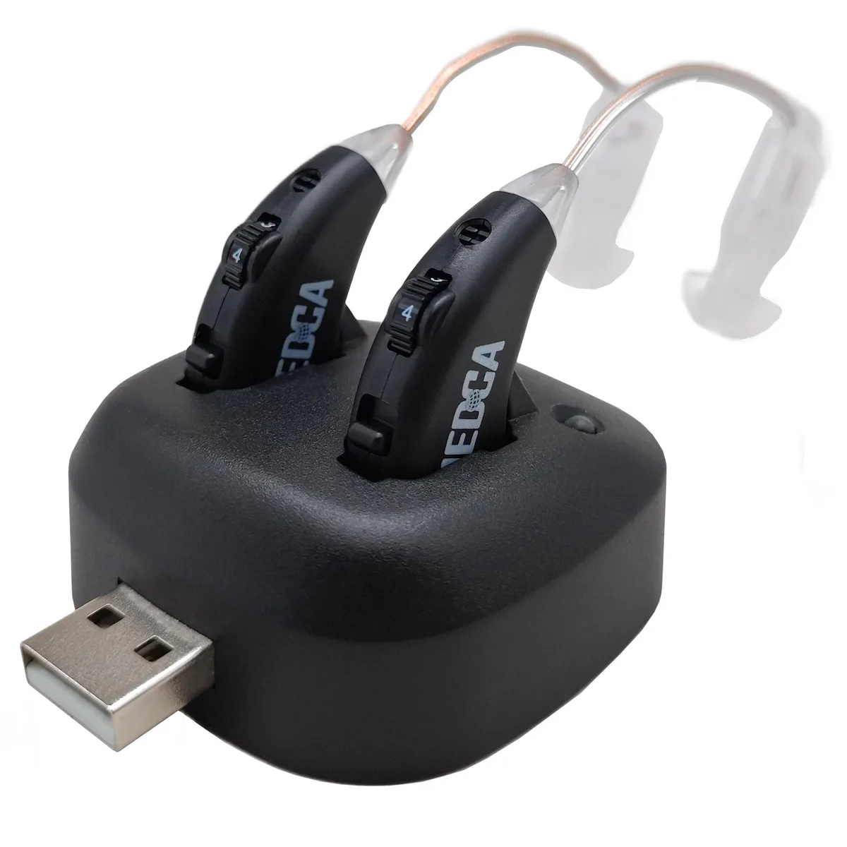 Pair of small black behind-the-ear hearing amplifiers with thin clear tubes and ear tips