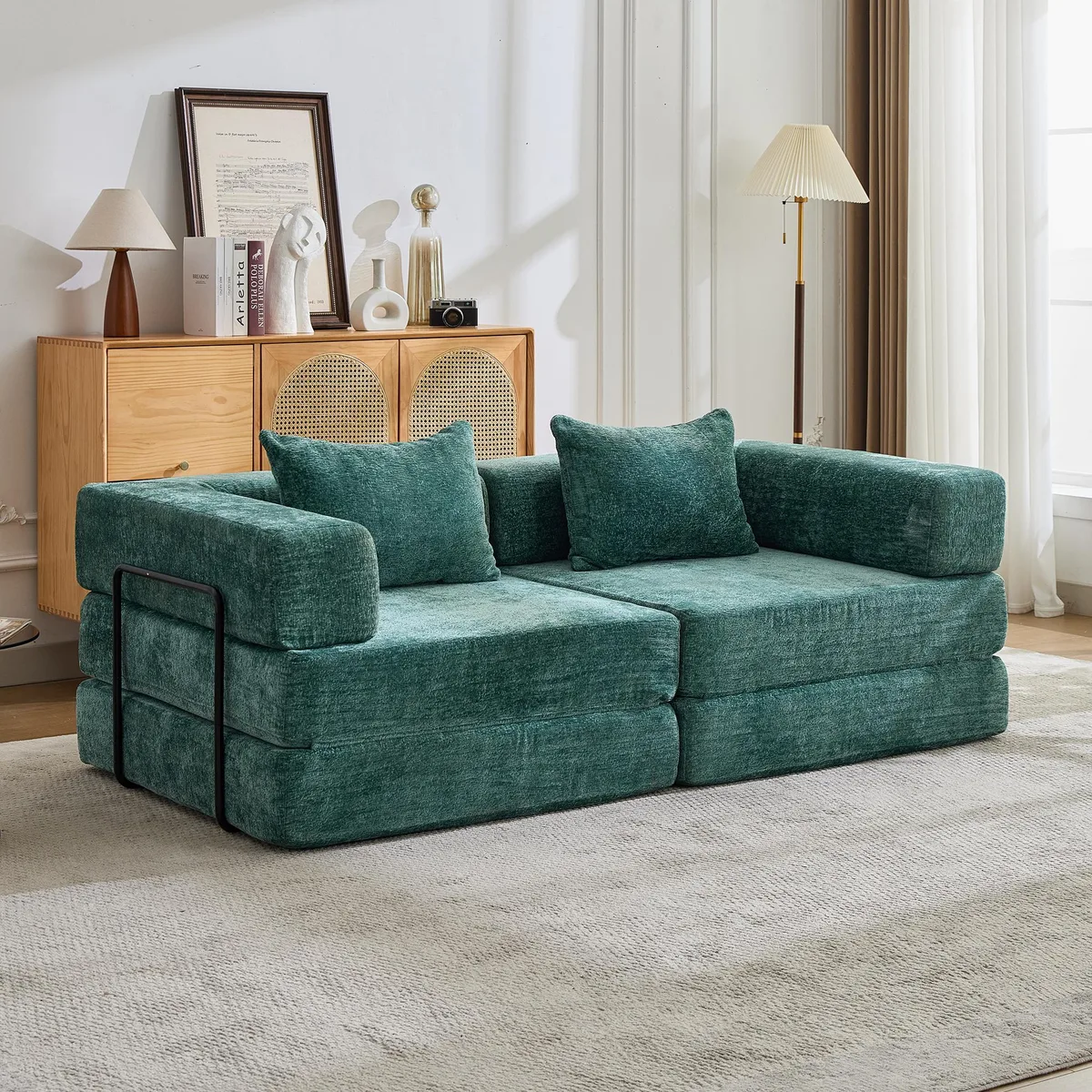 Dark green chenille convertible floor sofa bed