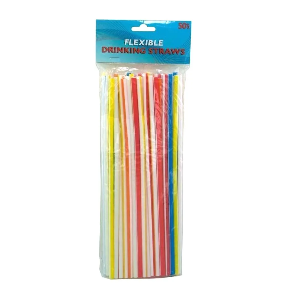 A clear plastic bag holding 50 striped bendable straws in white, yellow, blue, red and orange