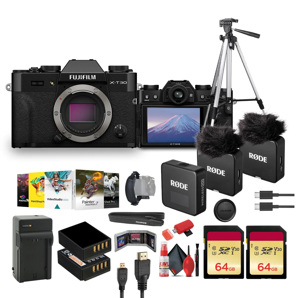 FUJIFILM FUJIFILM X-T30 III Compact Mirrorless Camera (Black) + RODE Wireless GO Gen 3 + 64GB Card + 72" Tripod + Bag — product photo