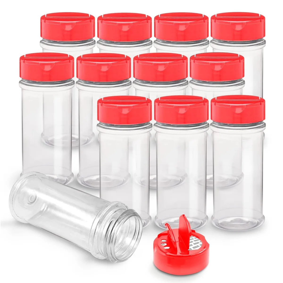 Twelve clear plastic spice jars with red flip-top caps