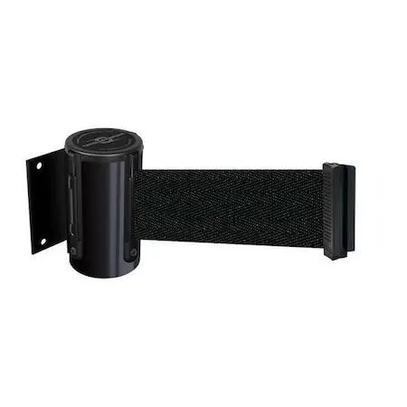 Black retractable belt barrier with fixed mounting plate and horizontal stripe belt