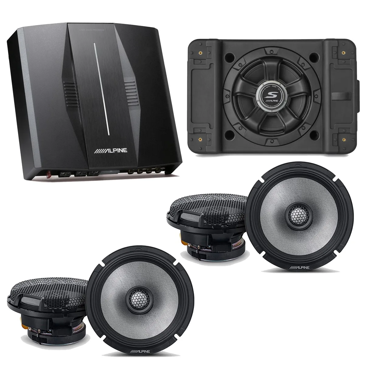 Alpine OPTIM8 processor, shallow 10 subwoofer enclosure, two 6.5 coaxial speakers