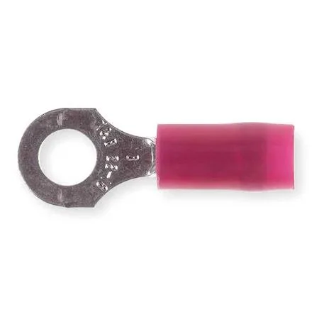 Small red nylon insulated ring terminal with tin plated copper barrel and open centre hole