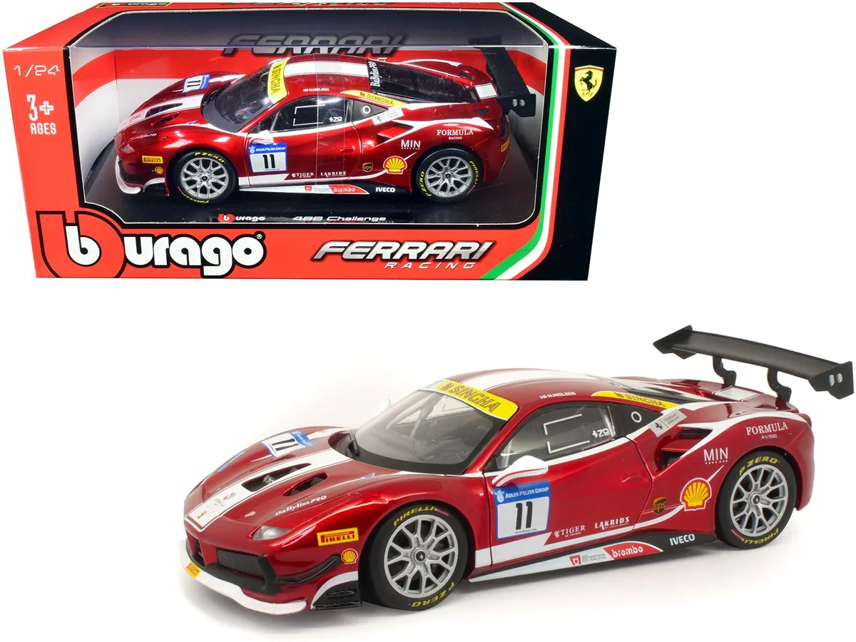 BBURAGO BBURAGO Ferrari 488 Challenge #11 Candy Red White Stripes 1/24 Diecast Vehicle — product photo