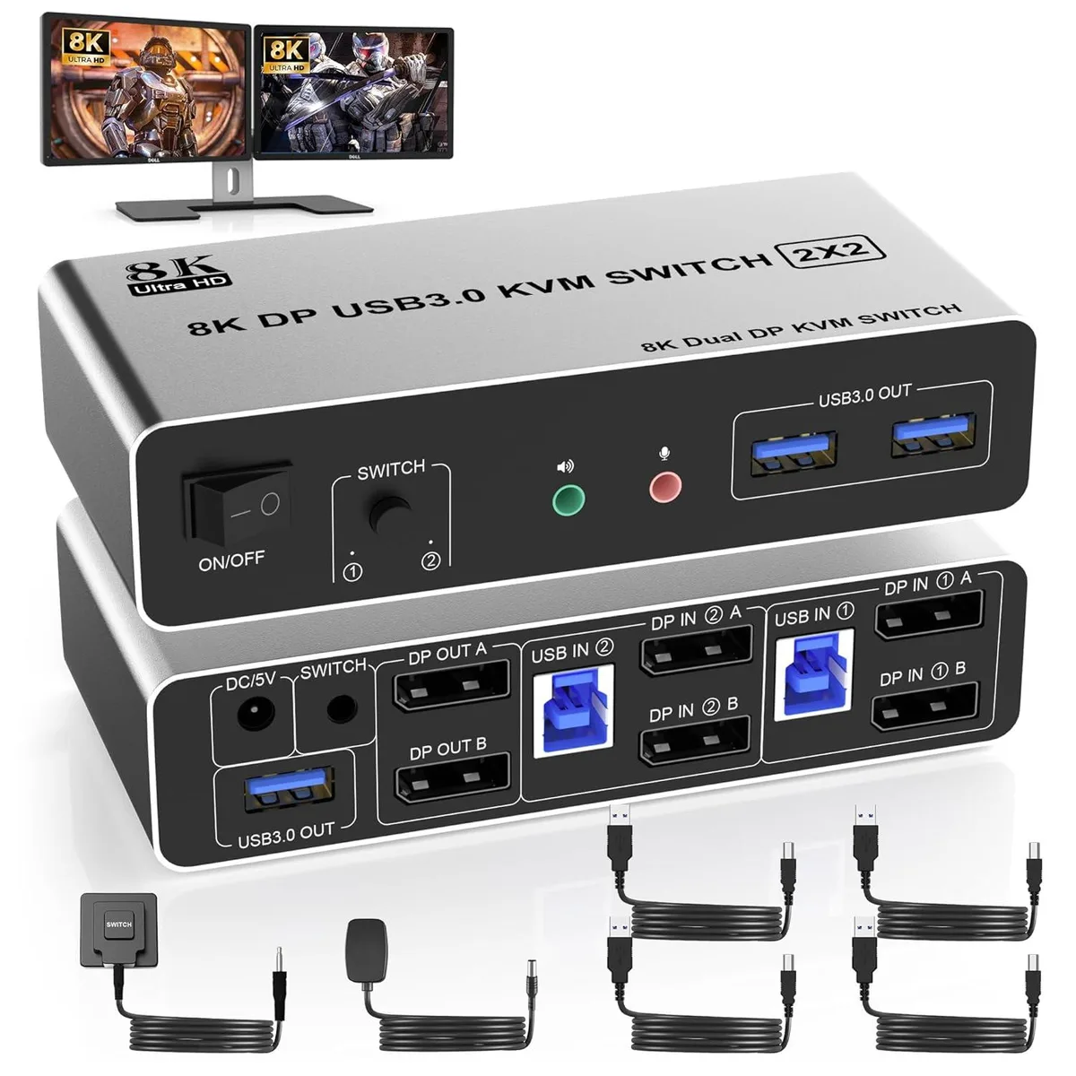 IHDAPP IHDAPP 8K@60Hz DisplayPort KVM Switch 2 Monitors 2 Computers 3 USB 3.0 Ports Audio — product photo