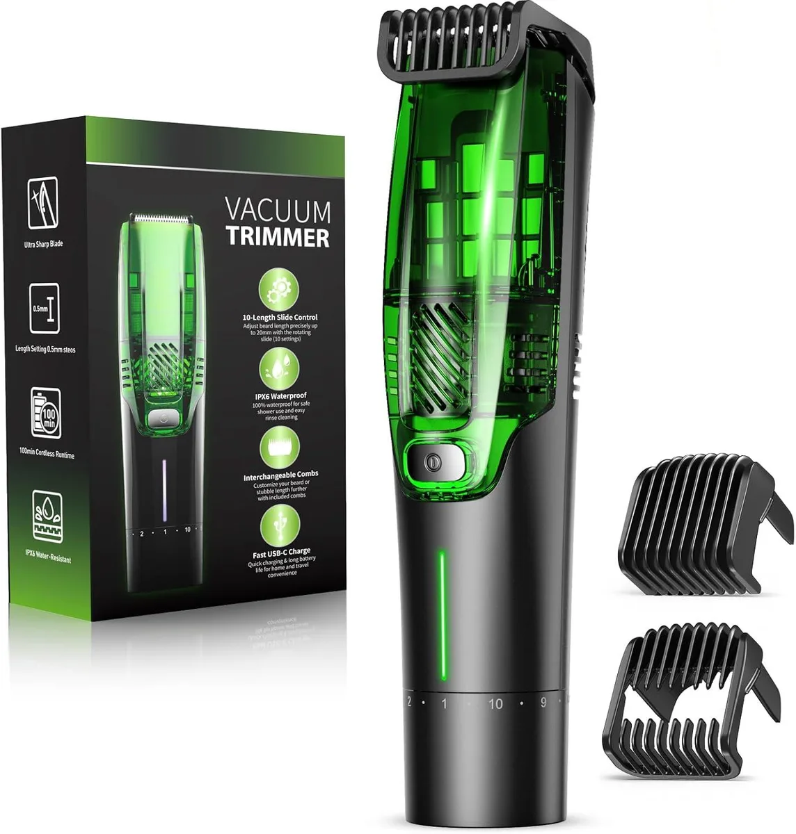 Beard trimmer with vacuum chamber, dial and combs, dark plastic body