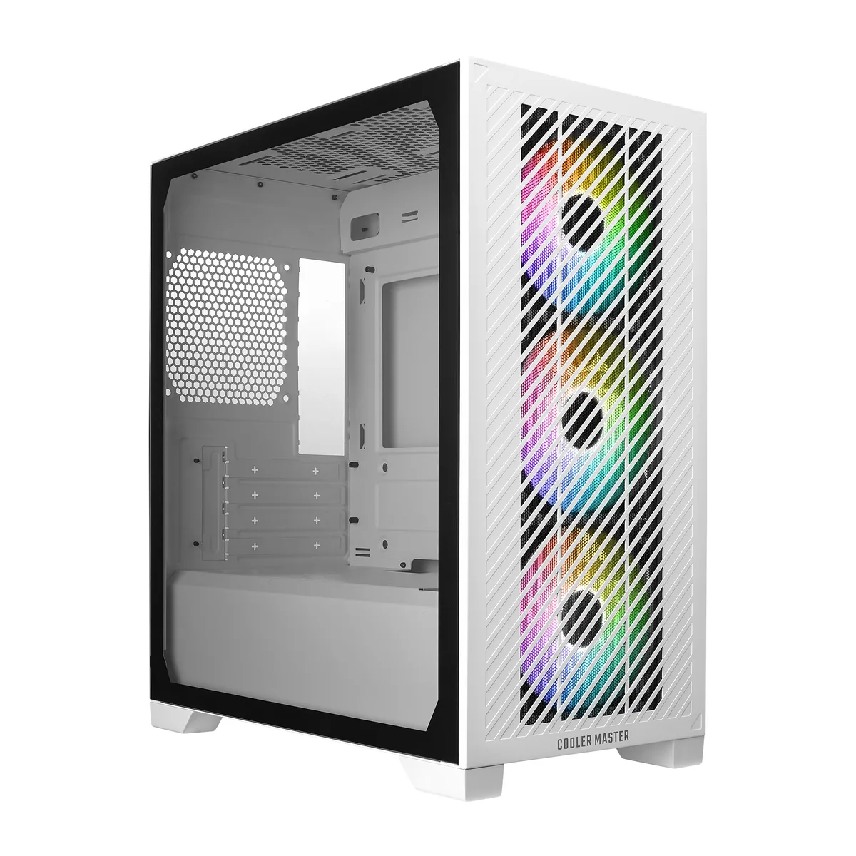 White micro-ATX mini tower with tempered glass side panel and three ARGB front fans