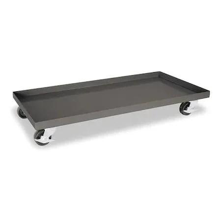 Gray steel cabinet dolly on four casters with solid platform