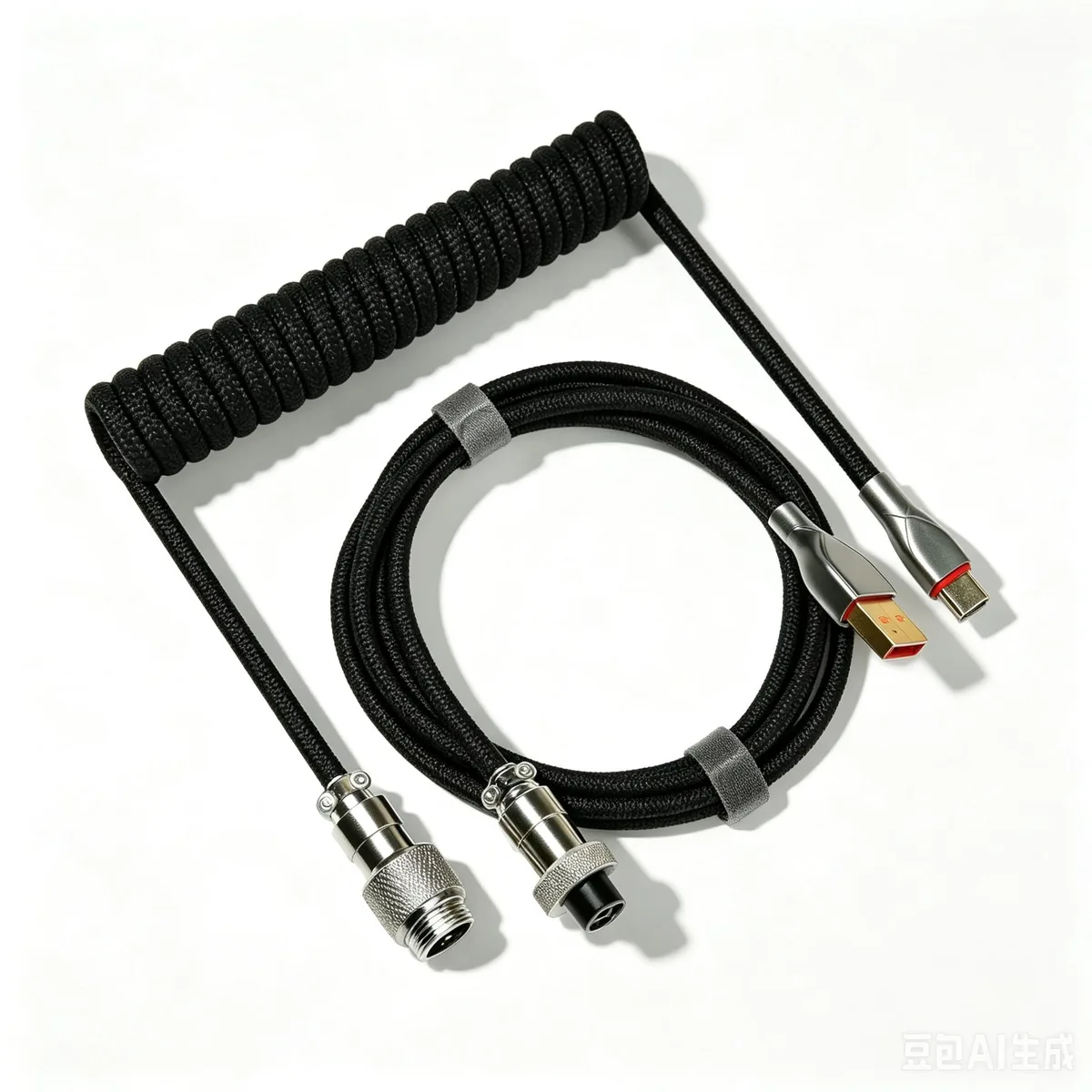 Black coiled USB-C to USB-A cable with silver aviator connector, 1.5 m total length
