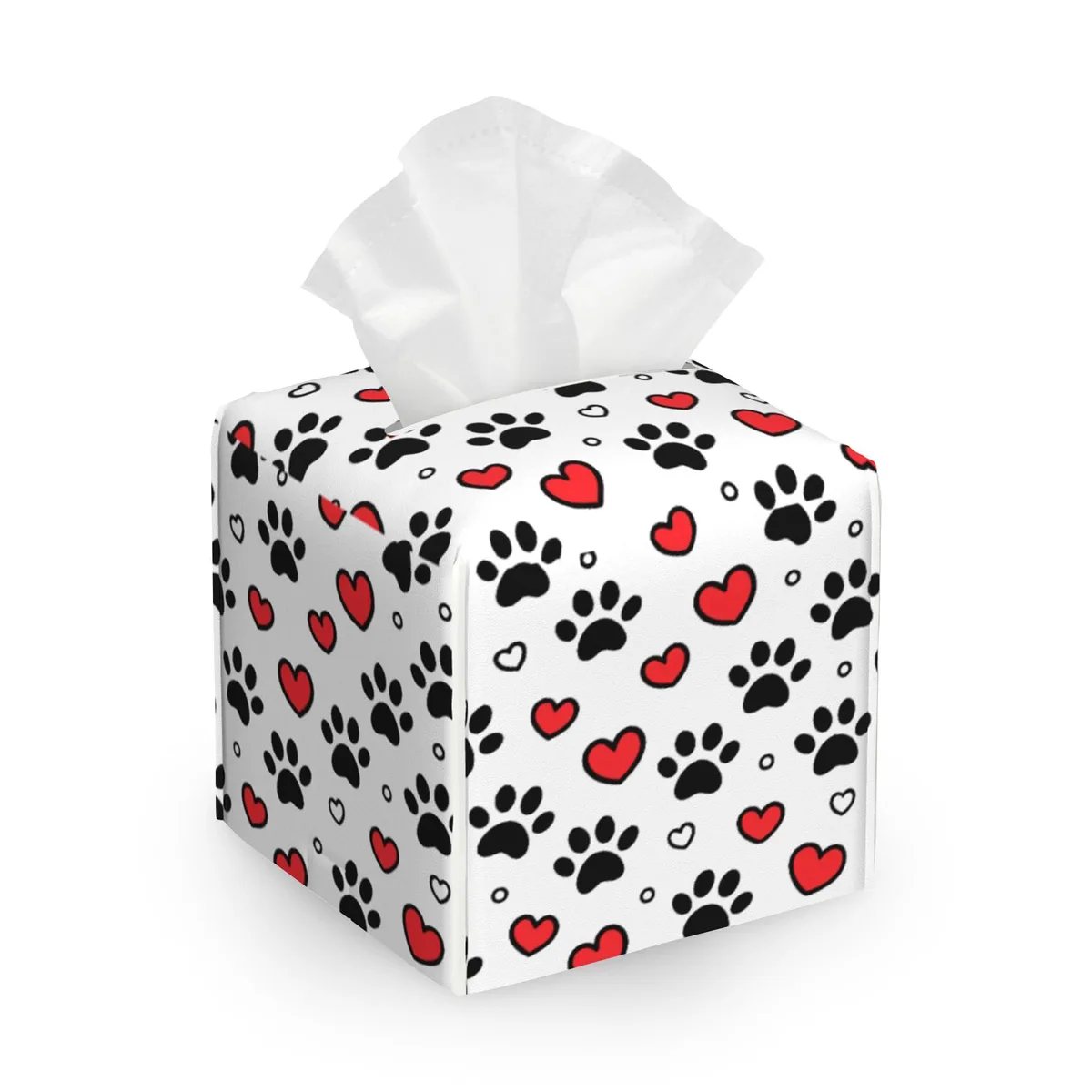 Square PU leather tissue box cover with cute dog paw print, 5.2 inches