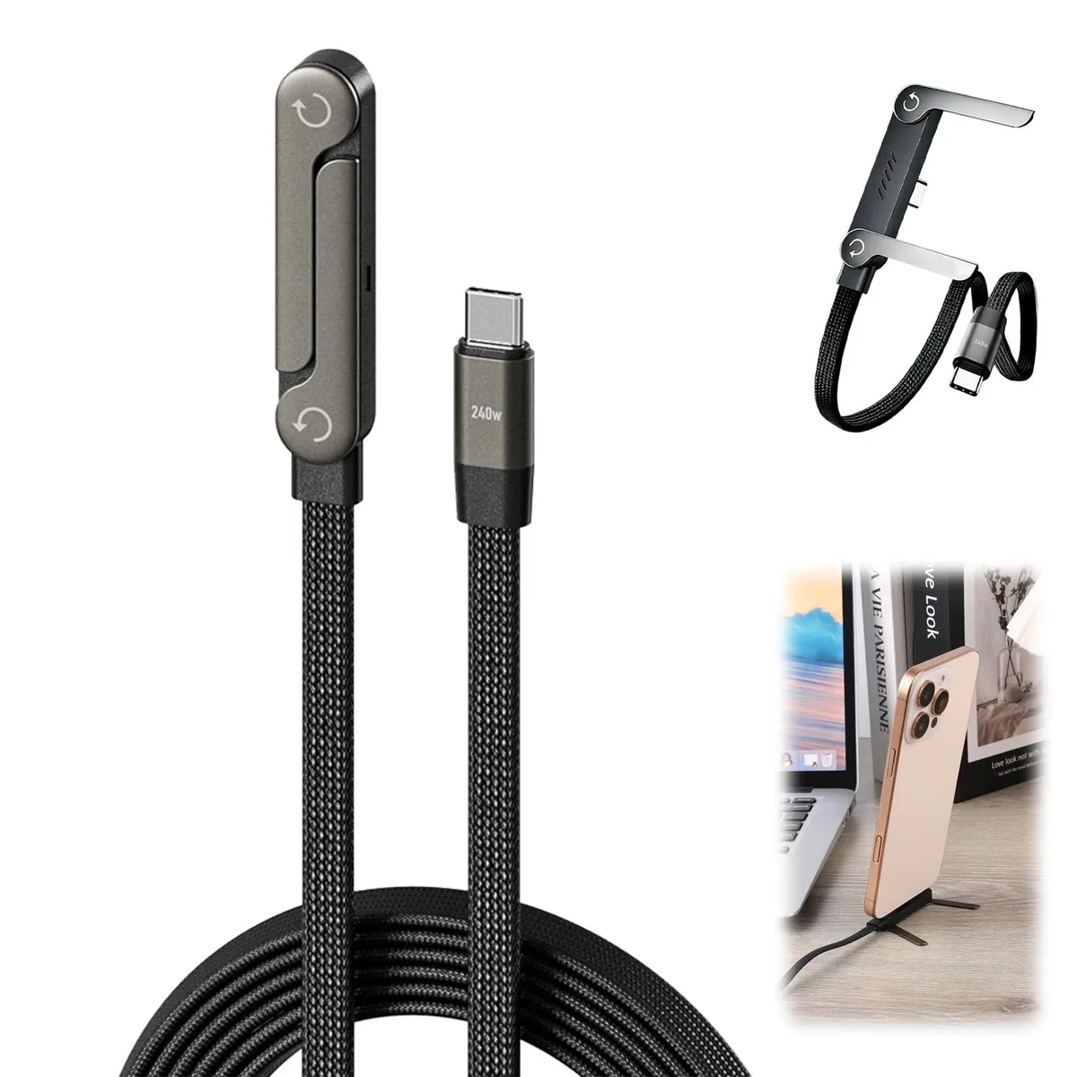 Braided USB-C cable with foldable 360-degree rotating phone stand, T-shaped connector