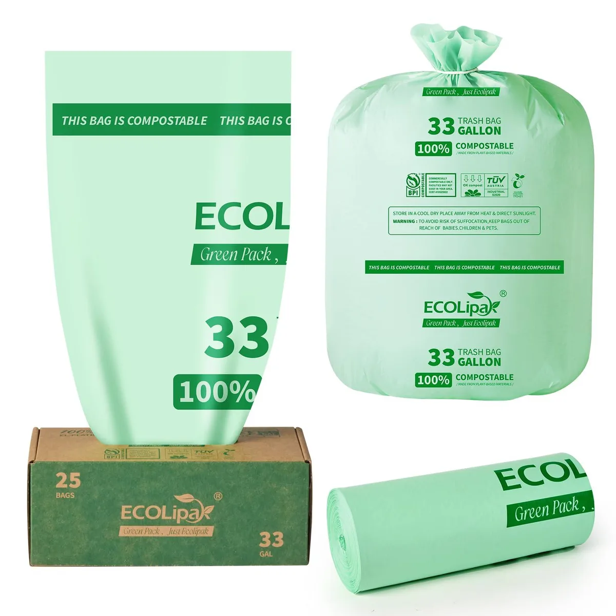 ECOLipak 33 Gallon 25 Count Compostable Garbage Bags — product photo