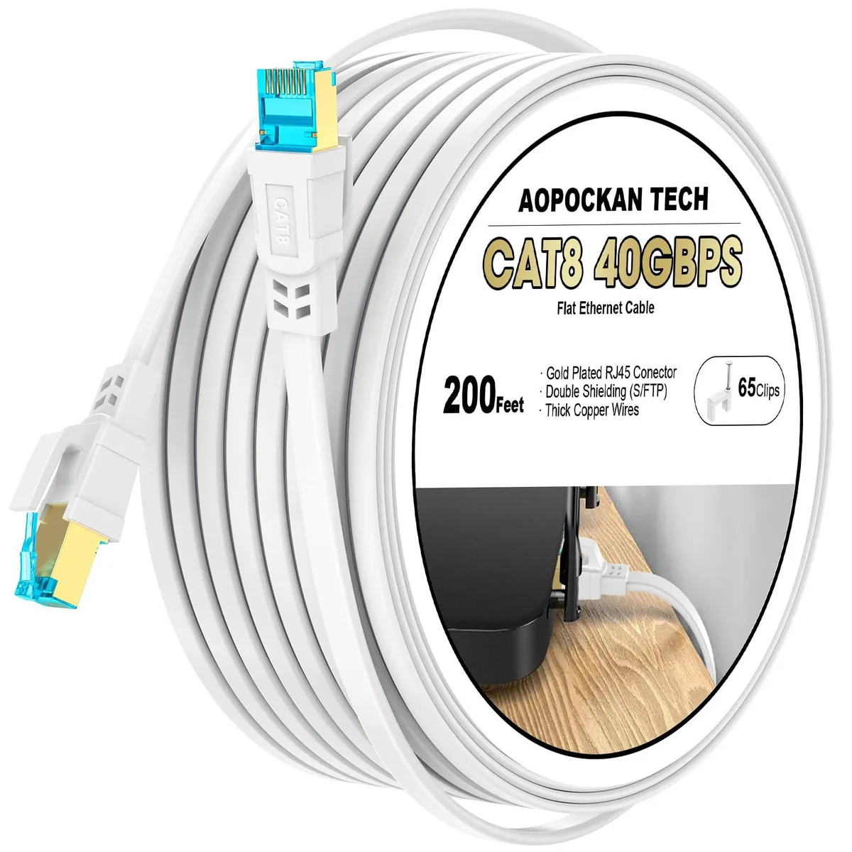 White flat Cat 8 Ethernet cable with RJ45 connectors, 200 ft length, UV-resistant PVC jacket