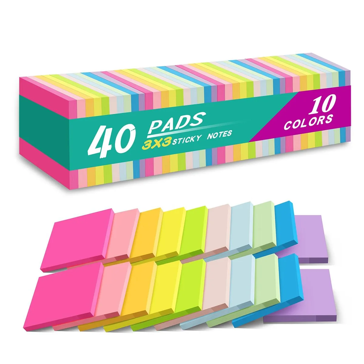 A stack of 40 square sticky-note pads in ten bright colours, each pad 3 by 3 inches