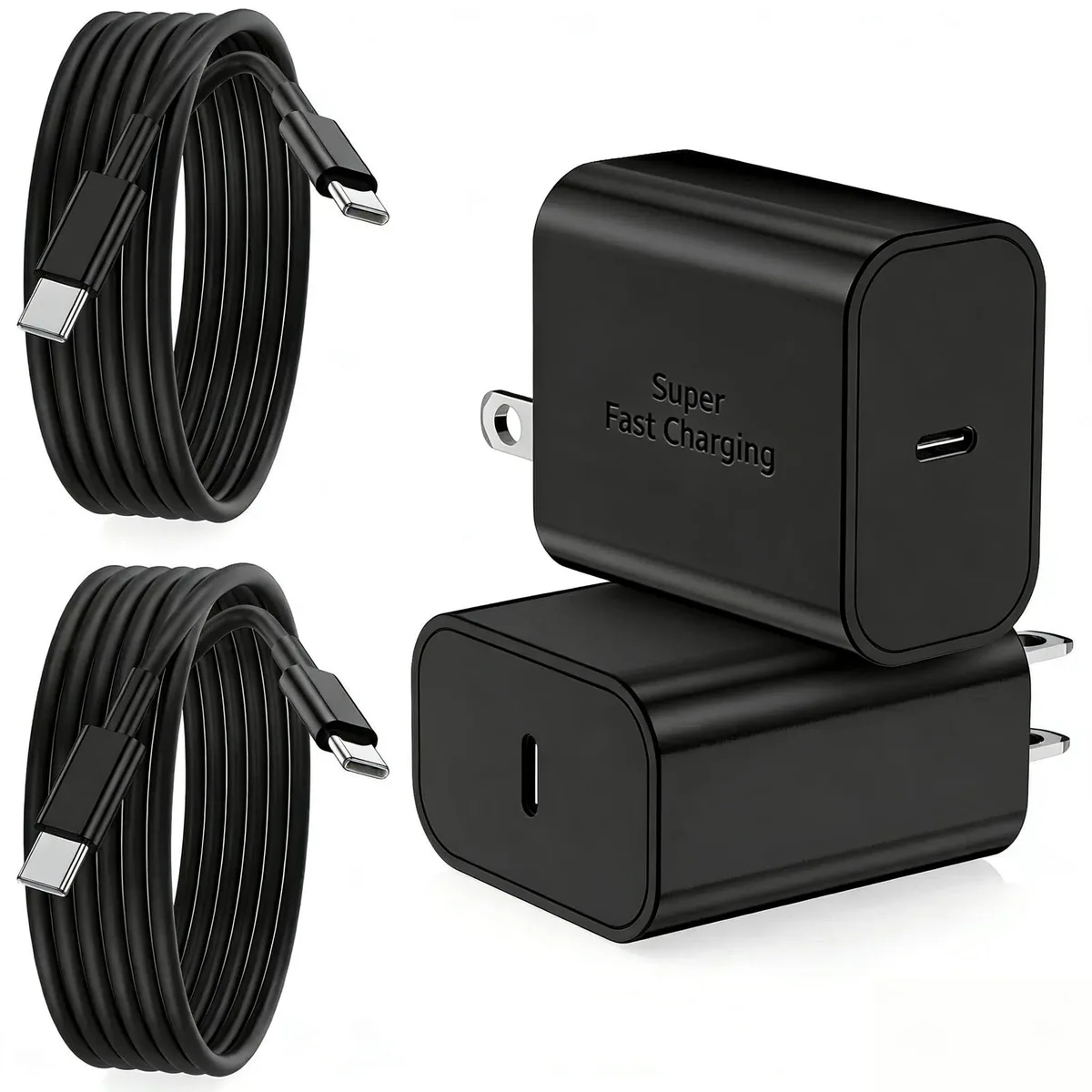 Two white USB-C wall chargers with two matching 6ft cables
