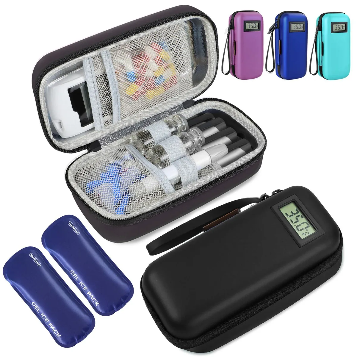 Black rectangular insulated case with digital temperature display and zip closure