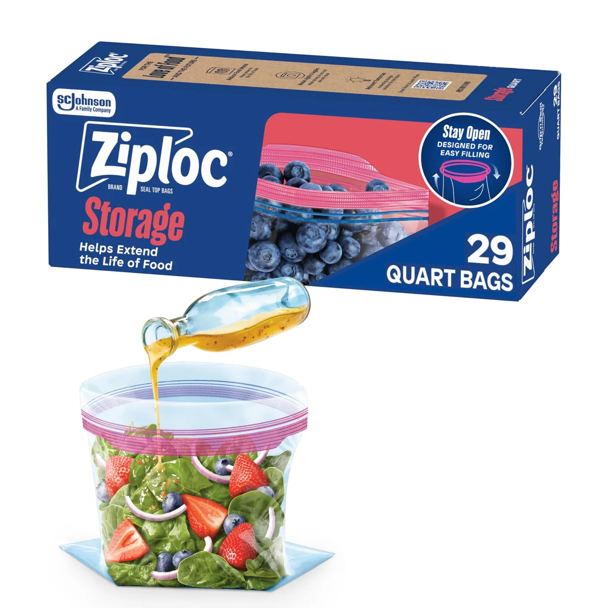 Clear plastic quart storage bags with stand-up bottom and zipper seal, 29 count