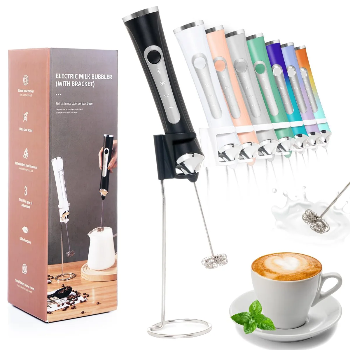 White handheld milk frother with two whisk attachments and stand