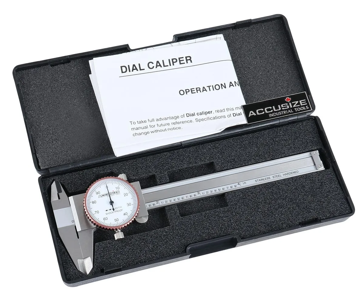 Stainless steel dial caliper with satin chrome finish, large clear dial, in fitted box