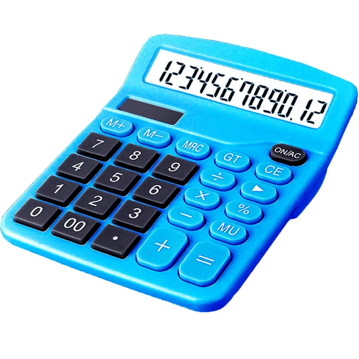 Dark blue desktop calculator with large 12-digit LCD display and raised keys
