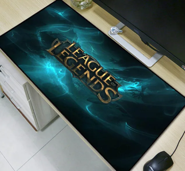 Blue rectangular mouse pad, 300 by 600 millimetres, two millimetres thick, smooth fabric top with stitched edges, rubber base